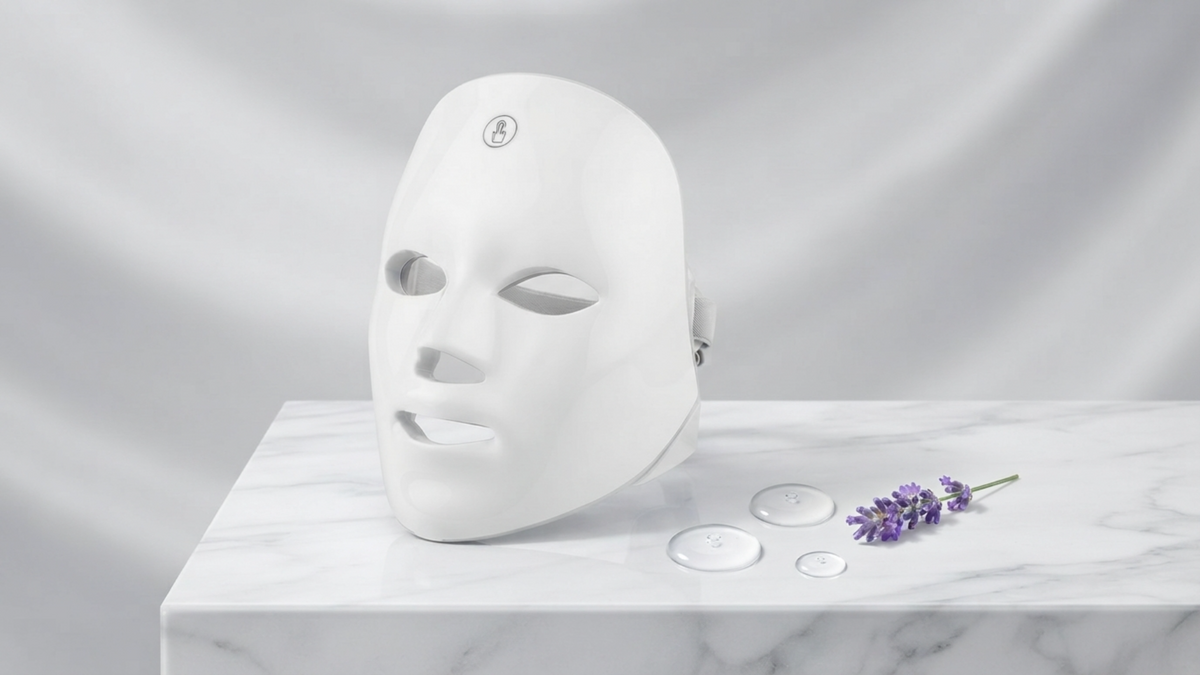 SkiNari LED mask on marble with lavender